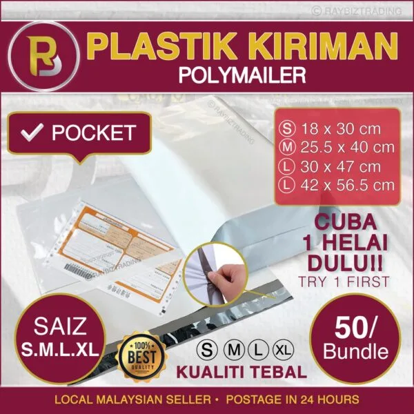 Courier Bag / Flyer bag WITH POCKET 0.6mm Thick/ Flyer Bag / Plastic Bag White Color Packaging Plastic Bag Size S/M/L/XL